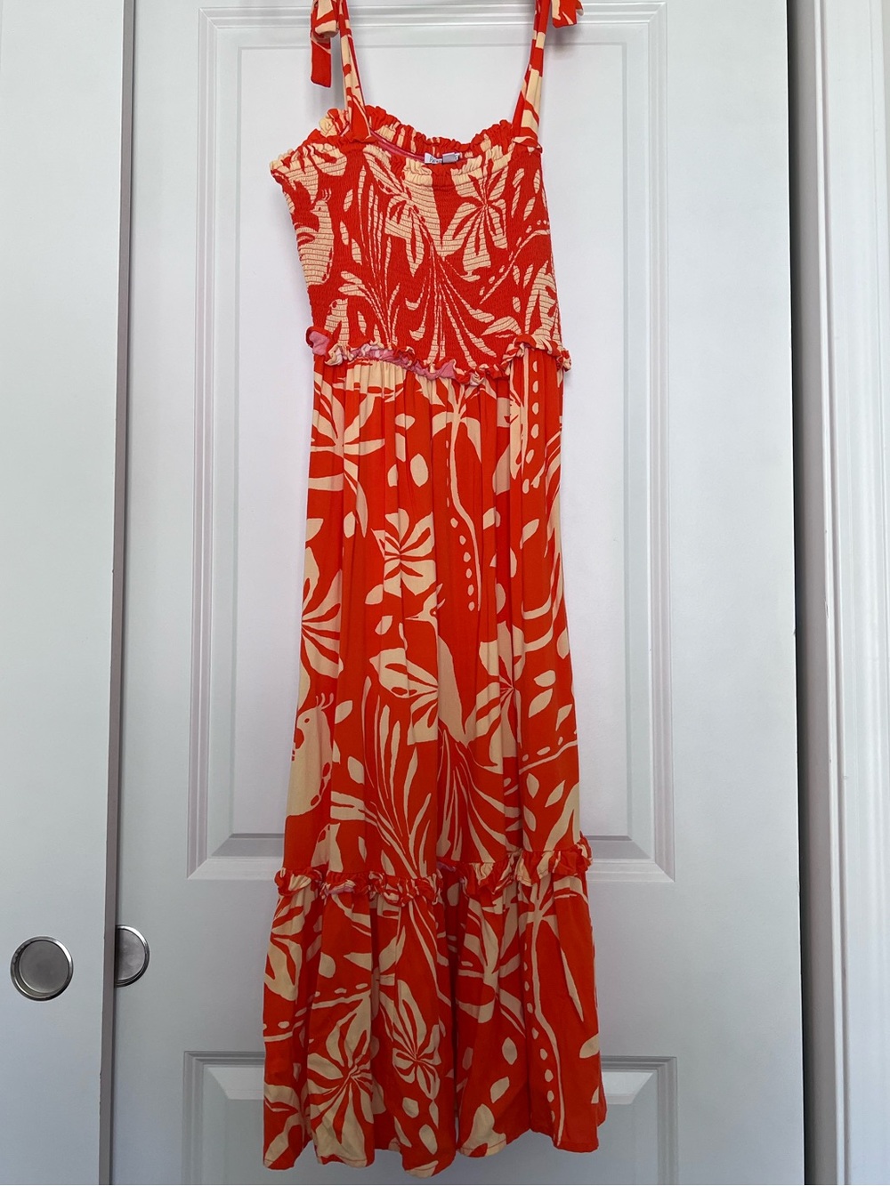 Tropical Tie-Shoulder Maxi Dress in Vibrant Orange & Cream